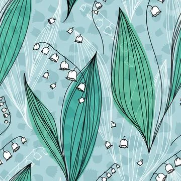 Vector seamless floral pattern. Lillies of the valley hand-drawn background.. Stock Illustration
