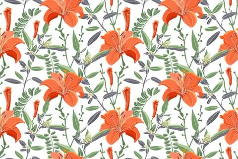 Vector seamless floral pattern. Orange color lilies, daylilies, green wormwood Stock Illustration
