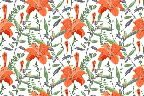 Vector seamless floral pattern. Orange color lilies, daylilies, green worm... Stock Photos