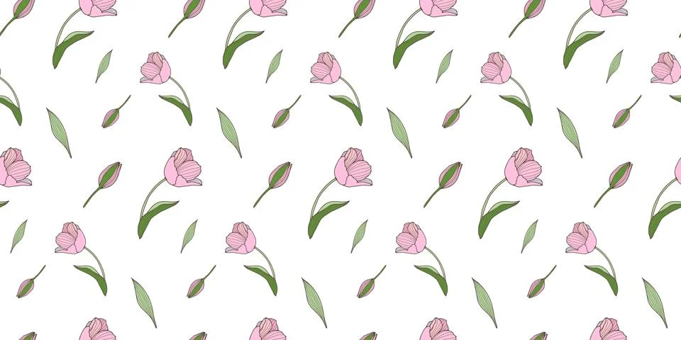 Vector seamless floral pattern with pale pink tulips, buds and green leaves Stock Illustration