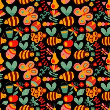 Vector seamless floral pattern. summer composition with honeycomb, bees, flow Illustrazione stock
