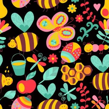 Vector seamless floral pattern. summer composition with honeycomb, bees, flow Illustrazione stock