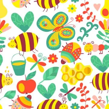 Vector seamless floral pattern. summer composition with honeycomb, bees, flow Stock Illustration