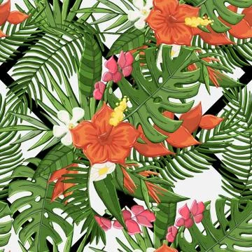 Vector seamless flowers pattern with tropical plants Stock Illustration
