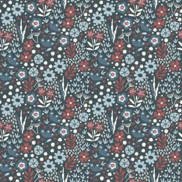 Vector seamless folk pattern, textile design with hand drawn doodle flowers a Stock Illustration