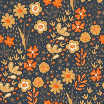 Vector seamless folk pattern, textile design with hand drawn doodle flowers a Stock Illustration