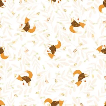 Vector seamless foxes pattern with floral elements. Stock Illustration