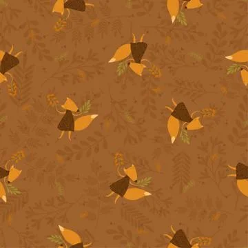 Vector seamless foxes pattern with floral elements. Stock Illustration