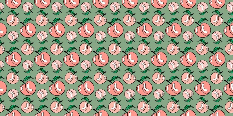 Vector seamless fruit pattern with delicate peaches on a green background 스톡 일러스트