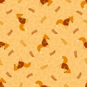 Vector seamless funny foxes pattern with branches and floral elements. Stock Illustration