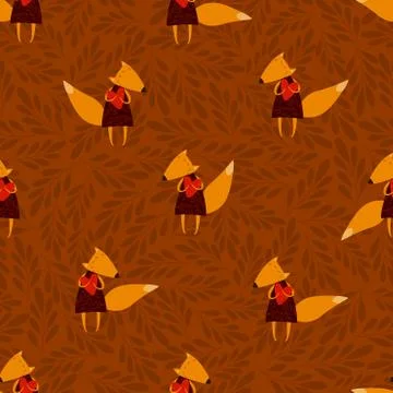 Vector seamless funny foxes pattern with hearts and floral elements. Stock Illustration