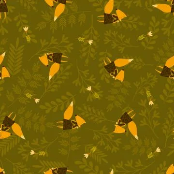 Vector seamless funny foxes pattern with floral elements. Stock Illustration