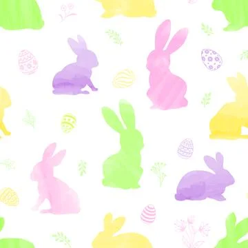 Vector seamless gentle pattern with flowers, bunnies, and easter eggs Stock Illustration