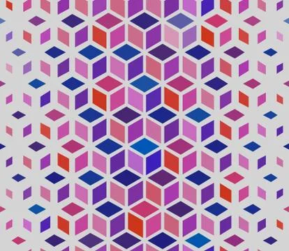 Vector Seamless Geometric Outlined Cube Grid Isometric Red Blue Pink Pattern Stock Illustration