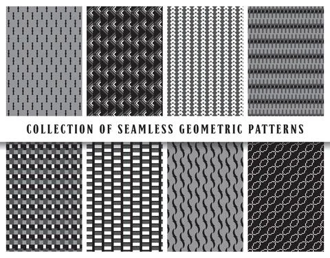 Vector seamless geometric pattern background set, collection. In black, grey, Stock Illustration
