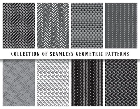 Vector seamless geometric pattern background set, collection. In black, grey, Illustrazione stock
