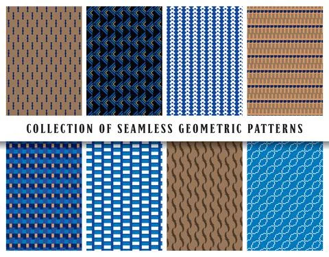 Vector seamless geometric pattern background set, collection. In blue, brown, イラスト素材