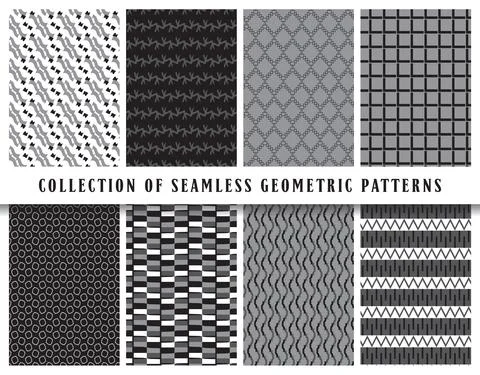 Vector seamless geometric pattern background set, collection. In black, grey, Stock Illustration