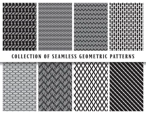 Vector seamless geometric pattern background set, collection. In black, grey, Illustrazione stock