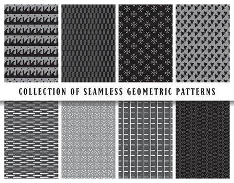 Vector seamless geometric pattern background set, collection. In black, grey, イラスト素材
