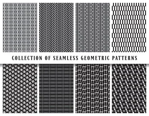 Vector seamless geometric pattern background set, collection. In black, grey, 스톡 일러스트