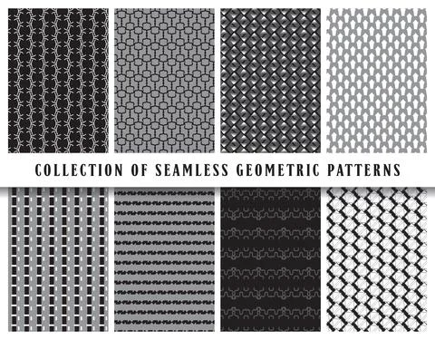 Vector seamless geometric pattern background set, collection. In black, grey, Illustrazione stock