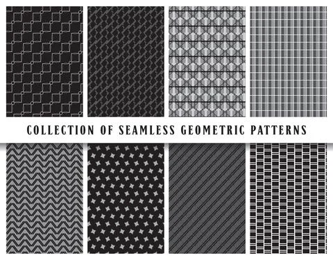 Vector seamless geometric pattern background set, collection. In black, grey, Illustrazione stock