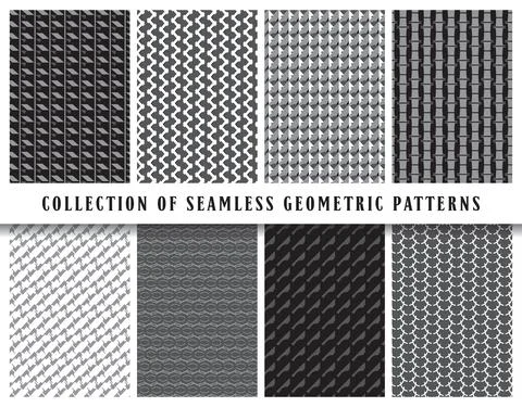 Vector seamless geometric pattern background set, collection. In black, grey, Stock Illustration