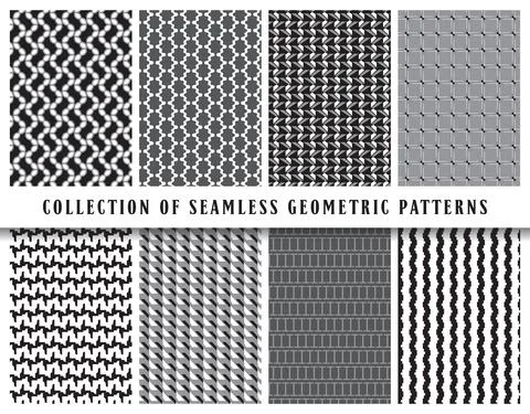 Vector seamless geometric pattern background set, collection. In black, grey, Illustrazione stock