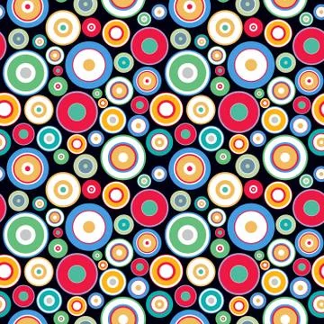 Vector seamless geometric pattern with colorful dots and circles on black Stock Illustration