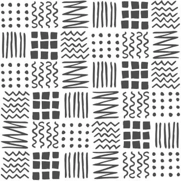 Vector seamless geometric pattern of hand-drawn squares, stripes, lines, dots 스톡 일러스트