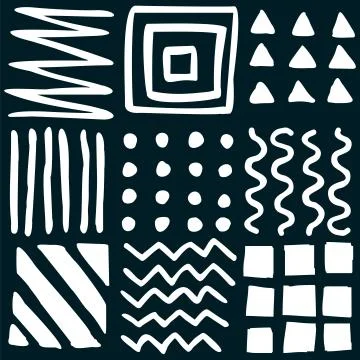 Vector seamless geometric pattern of hand-drawn squares, stripes, lines, dots Illustrazione stock