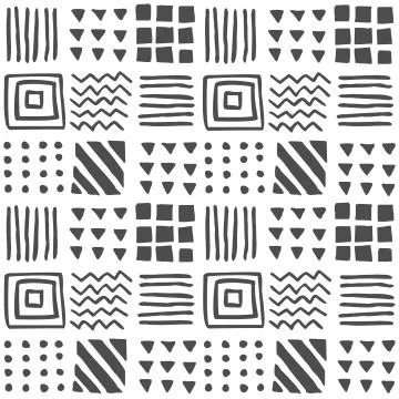 Vector seamless geometric pattern of hand-drawn squares, stripes, lines, dots 库存插图