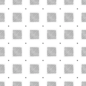 Vector seamless geometric pattern of hand-drawn black dots and squares of dia Stock Illustration