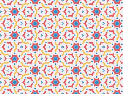 Vector seamless geometric pattern. red, blue, yellow wavy lines, shapes, whit Stock Illustration