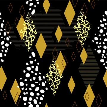 Vector seamless geometric pattern of rhombuses of different textures; golden  Stock Illustration
