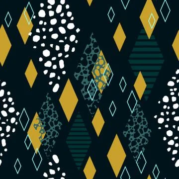 Vector seamless geometric pattern of rhombuses of various textures; golden rh Stock Illustration