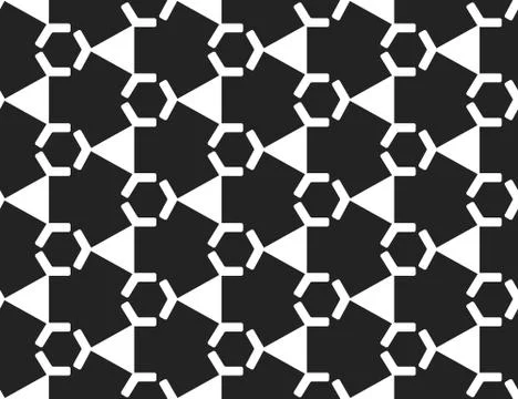 Vector seamless geometric pattern. Shaped white hexagons and triangles, black Stock Illustration