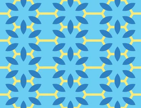 Vector seamless geometric pattern. Shaped yellow hexagons, dark blue flowers  Stock Illustration