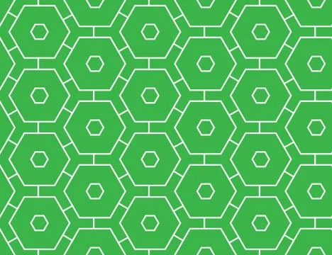 Vector seamless geometric pattern. Shaped white hexagons, lines on green back Stock Illustration