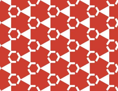 Vector seamless geometric pattern. Shaped white hexagons and triangles, red b Stock Illustration
