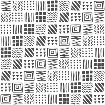 Vector seamless geometric pattern of squares, stripes, lines, waves, triangle Stock Illustration