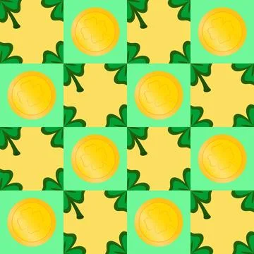 Vector seamless geometric pattern for St. Patrick's Day. Gold coins and clove Stock Illustration