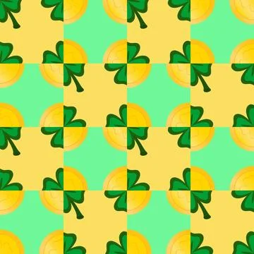 Vector seamless geometric pattern for St. Patrick's Day. Gold coins and clove Stock Illustration