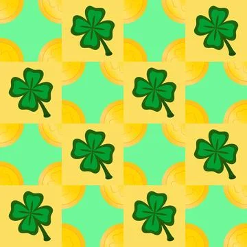 Vector seamless geometric pattern for St. Patrick's Day. Gold coins and clove 스톡 일러스트