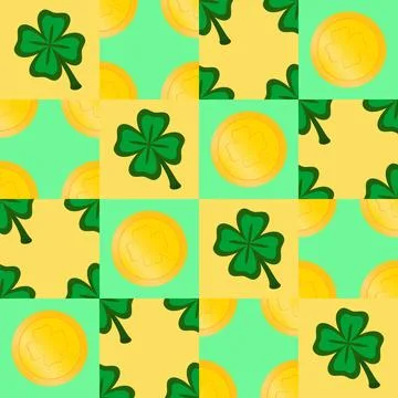 Vector seamless geometric pattern for St. Patrick's Day. Gold coins and clove 스톡 일러스트