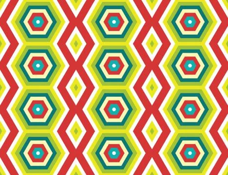Vector seamless geometric pattern. White, turquoise, red, yellow, green hexag Illustrazione stock