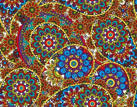 Vector seamless graphical paisley ethnic print with flowers, dots, leaves Stock Illustration