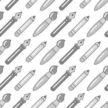 Vector seamless grayscale pattern with pens, brushes and pencils. Stock Illustration
