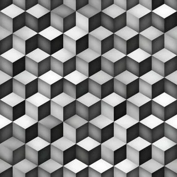 Vector Seamless Greyscale Gradient Cube Shape Rhombus Grid Geometric Pattern Stock Illustration
